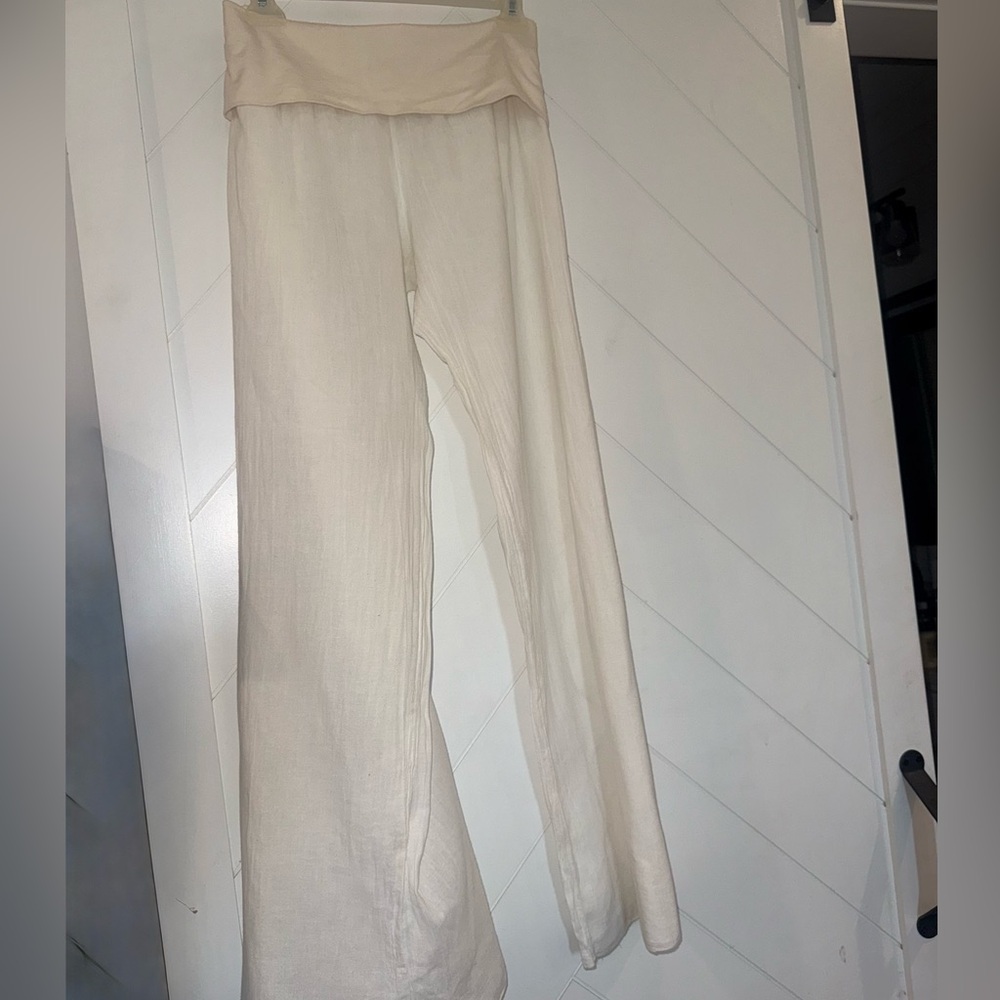 Elan Beach linen cotton gauze flowy fold over jersey modal Pants medium cream - Picture 10 of 12